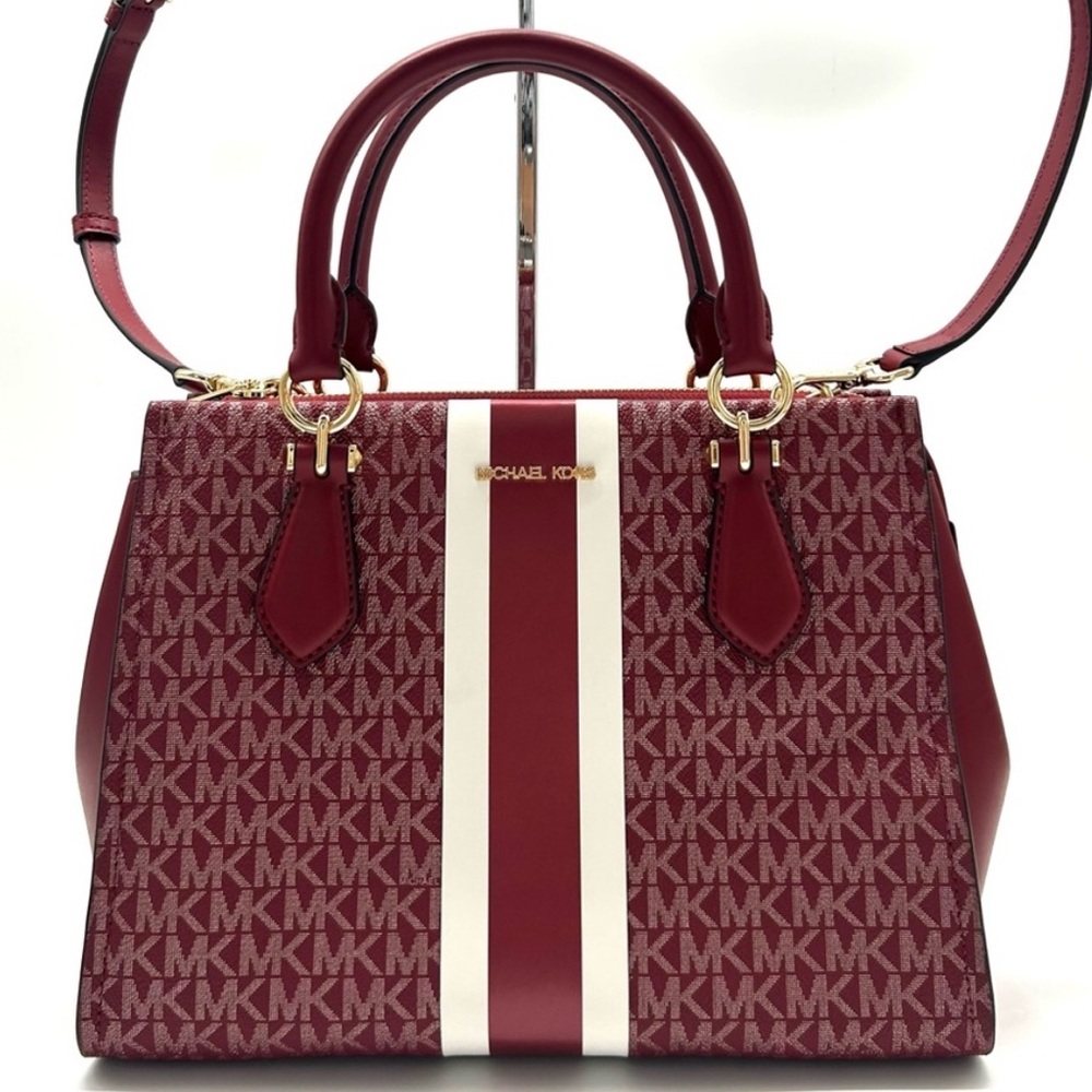 Michael Kors Marilyn Medium Signature Logo Stripe Satchel Bag Cherry